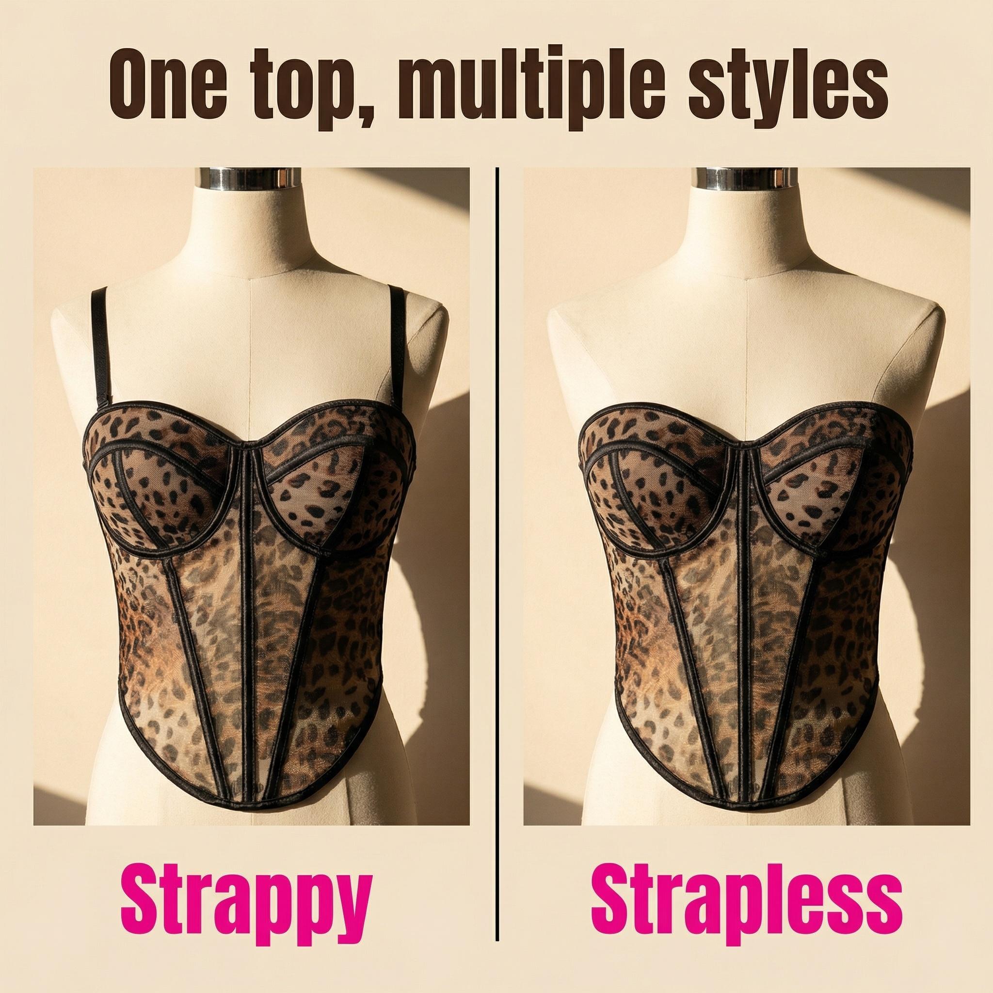 Sexy Leopard Corset Top for Women Mesh Bustier Lace Up Sculpting Shapewear with Detachable Straps