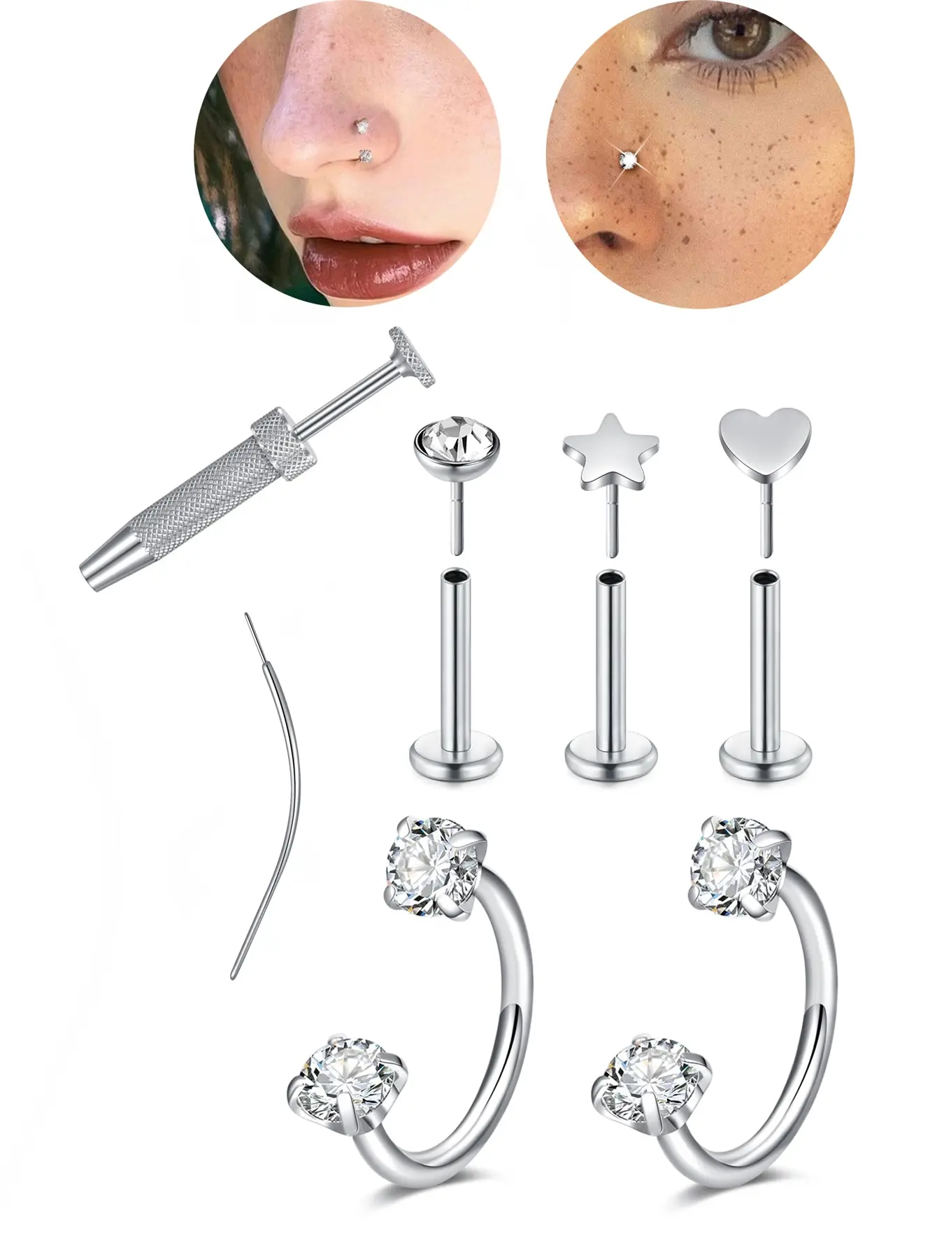 20G Horseshoe Nose Ring Push in Flat Back Nose Studs with Internal Piercing Taper and Grabber Tool Lip Ring Tragus Helix Cartilage Earring for Women Men Body Jewelry