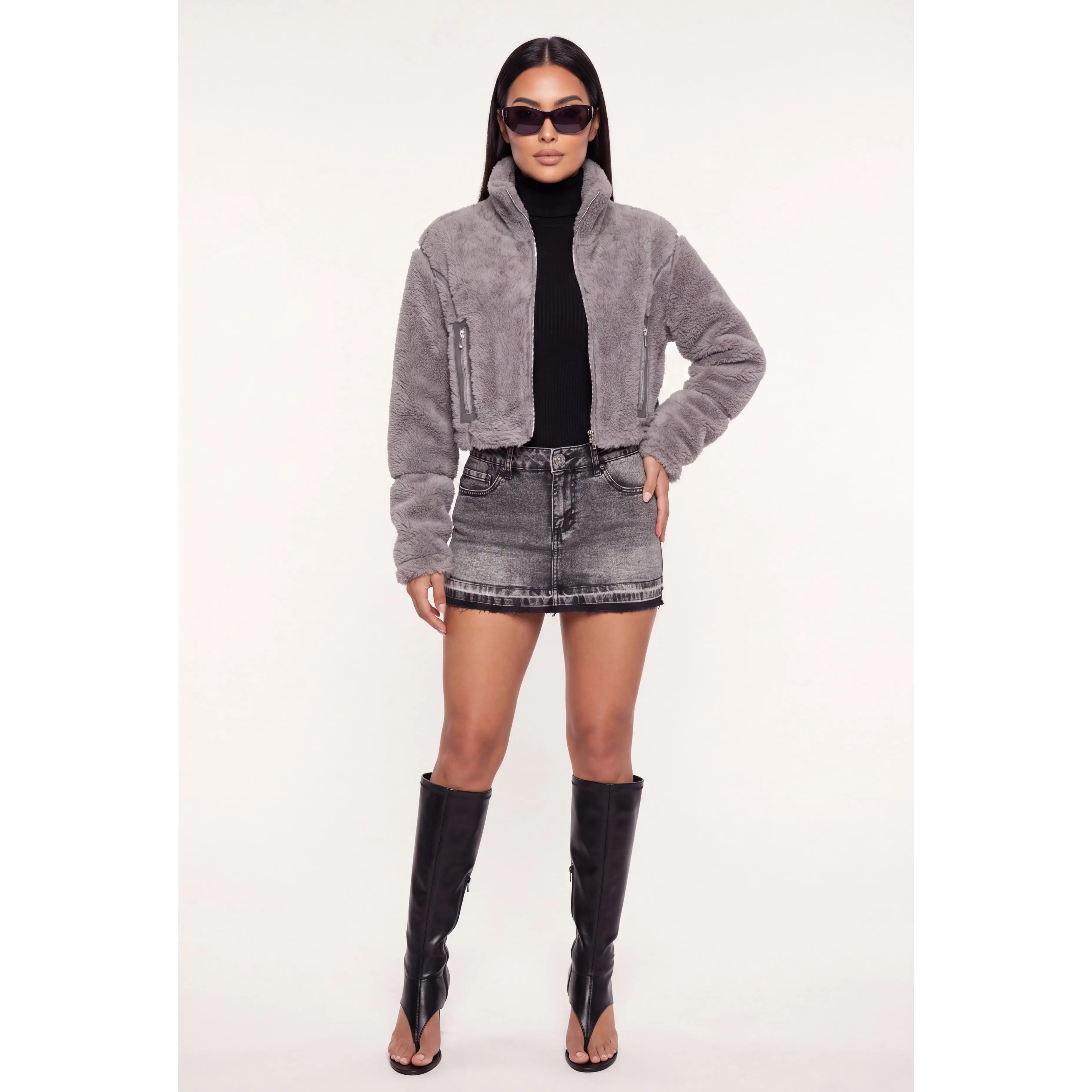 Faux Leather Detail Zip Front Sherpa Jacket
