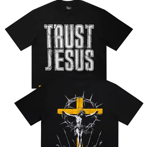 MeJend Men's 12oz Heavyweight 100% Cotton Short-Sleeve Tops, Breathable Casual Gothic Jesus Graphic T-Shirt, Streetwear Fabric Tee