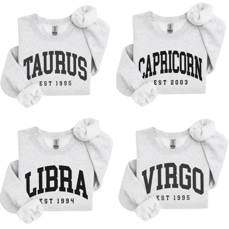 (LEAVE A NOTE) Custom Zodiac T-Shirt/ Sweatshirt with Est Year, Cute Horoscope Astrology Graphic Tshirt/ Sweatshirt, Unisex Crewneck Shirt/ Sweatshirt, Personalized Zodiac Energy Gift for Birthday, Star Sign Lovers, Celestial Sweatshirt - AL