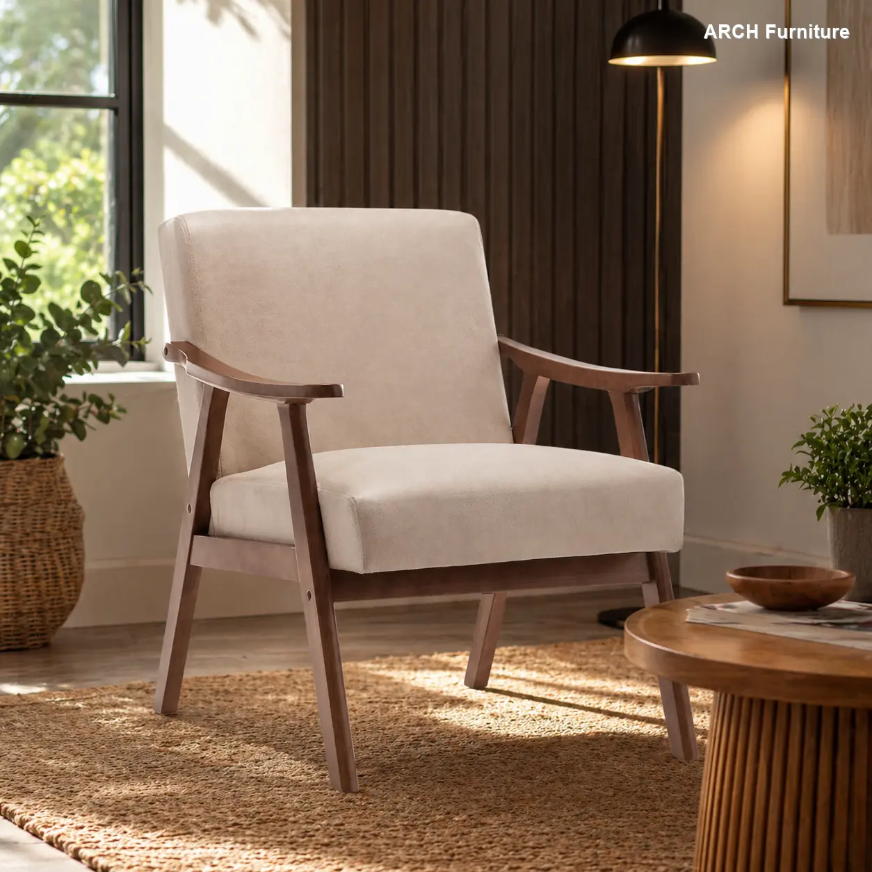 Mid-Century Modern ARCH Wingback Accent Chair - 70s Curved Design, Earth Tone, Rubberwood Frame, Curved Arms, Extra-Thick Backrest, Plush Foam, Tech Cloth, Quick Setup, 26.0"w x 31.1"d x 32.3"h, Assembly Required, Ideal for Living Room, Bedroom, Wingback