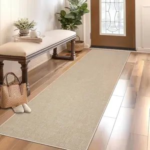 Washable Runner Rug 2x6 Woven Textured Hallway Runner Rug Modern Minimalist Solid Color Non Slip Runners Low Pile Non-Shedding Thin Foldable Mat for Entryway Kitchen Bathroom Bedside Tan, Beige  2*6ft(61*183cm)