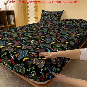1pc Gamer Bed Sheet - Video Game Controller design in Green, Blue, Orange, Black, White, Gray, - Fitted Mattress Cover with Snug Fit Breathable Sheets