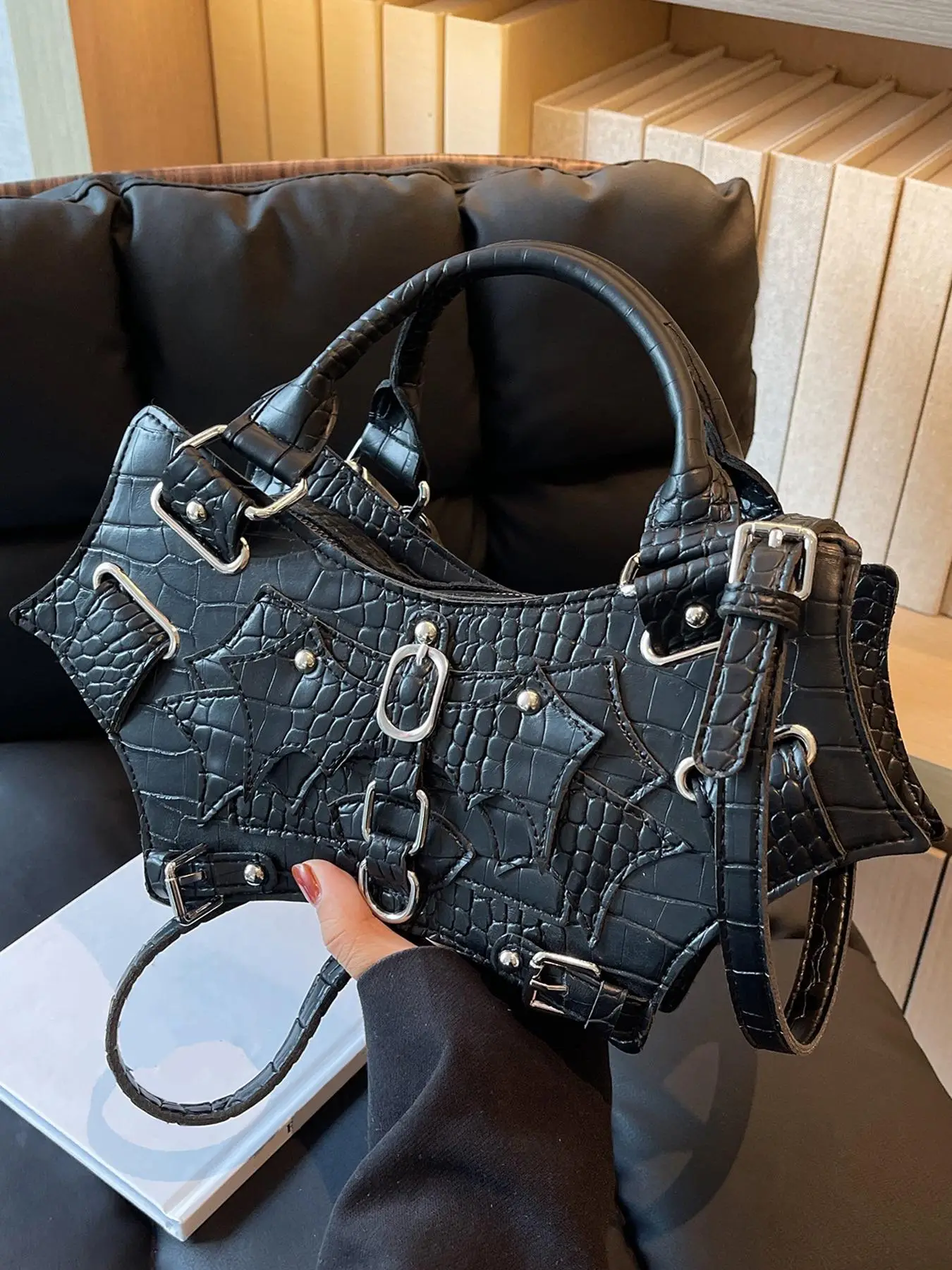 Summer Punk Goth Style Solid Color Rivet Decor Baguette Grunge Bag, New Fashion PU Underarm Bag & Handbag, All-match Commuter Bag for Work & Daily & B