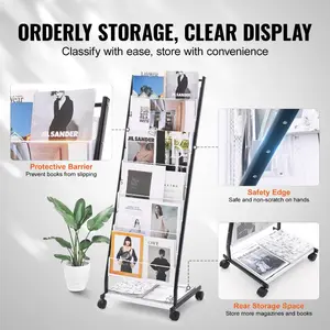 VEVOR Brochure Display Rack, 4-Tier 32 Pockets Rotating Magazine Literature Display Stand for Postcards, 360 Spinning Greeting Cards Rack with 5 Wheels (2 Lockable) for Shop Exhibitions Office