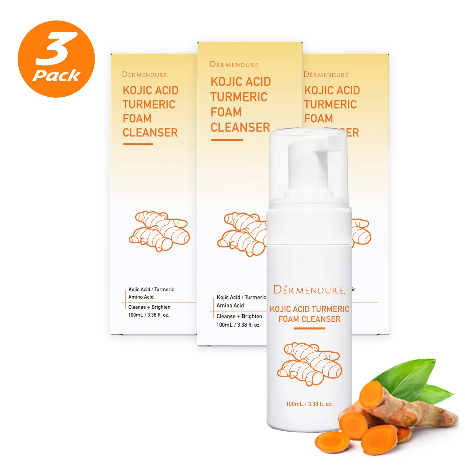 3 Pack - Turmeric Kojic Acid Face Wash Amino Acids Foam Cleanser – Gentle Facial Foam Face Wash Dark Spot Brightening Hydrating Soothing Cleanser, Fragrance-Free, Sulfate-Free, Cruelty-Free, 100ml