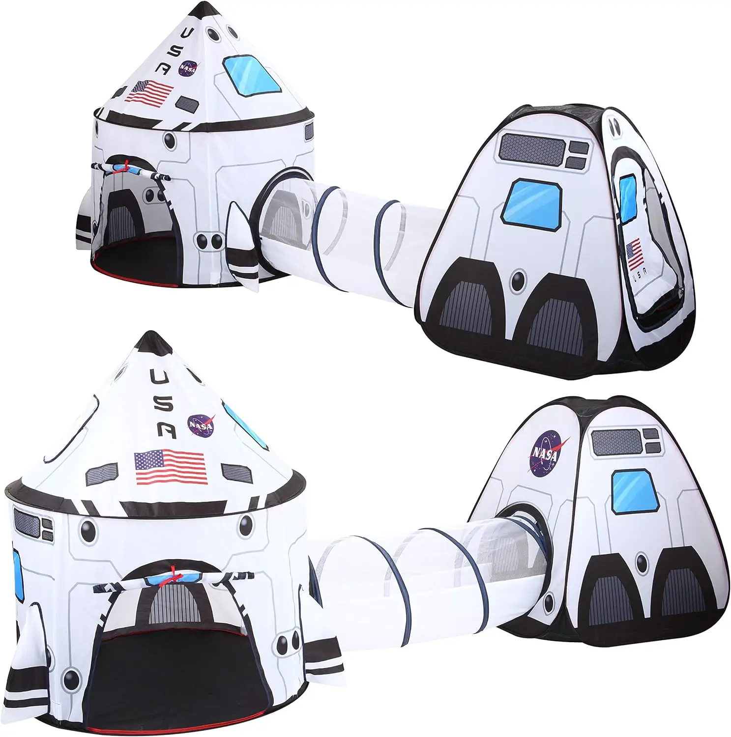 White Rocket Ship Pop up Play Tent with Tunnel and Playhouse Indoor Outdoor Spaceship Tent Set, Christmas Gifts for Kids Outdoor Play Toy Boys