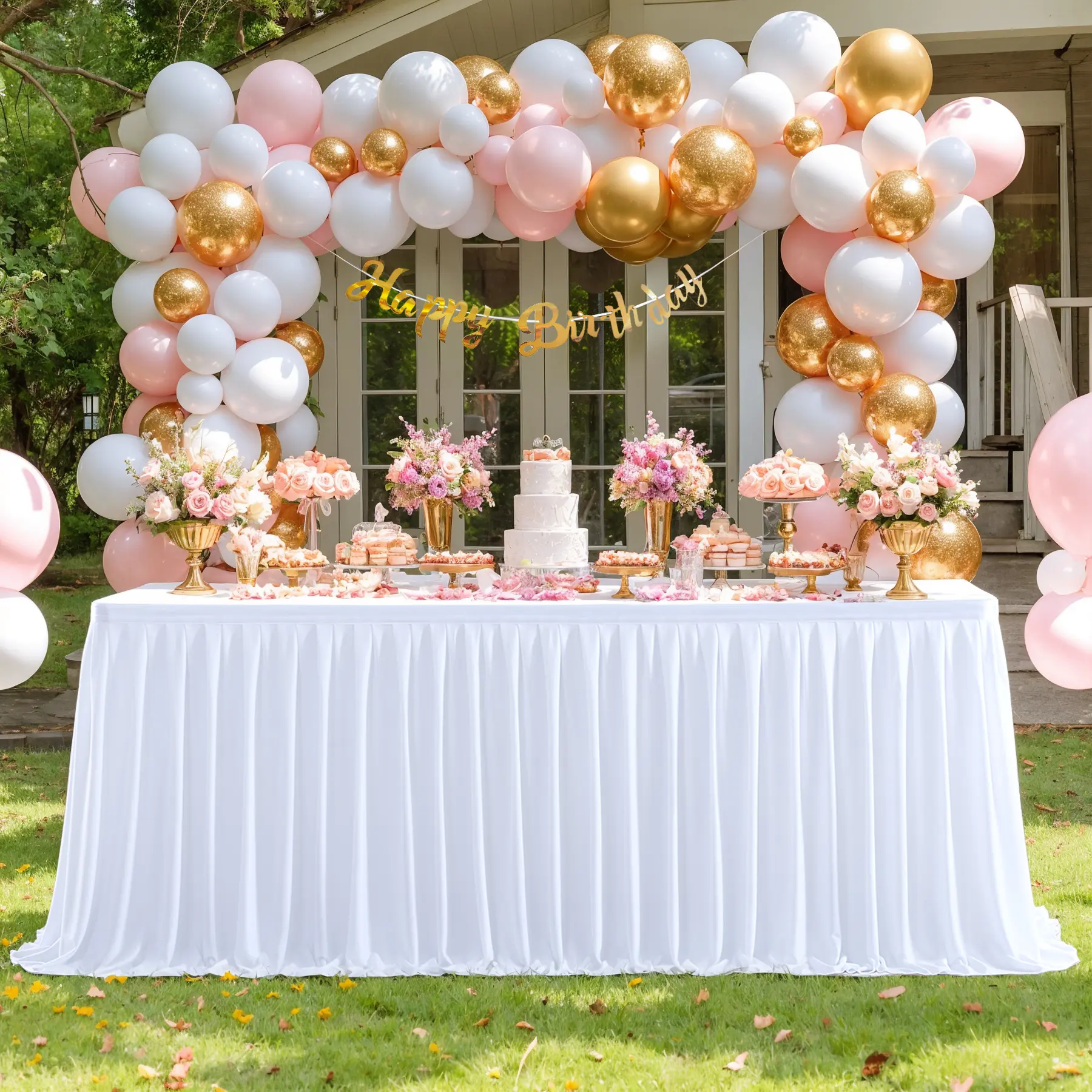 2-Pack White Polyester Table cloth for Rectangle Tables 6ft/9ft, Wrinkle Resistant Pleated Ruffle Table Cloth for Birthday Party Banquet Wedding Baby Shower