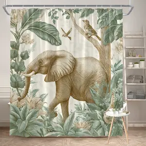 1Pc Elephant and Nature Shower Curtain Vintage Botanical Design Polyester Fabric Bath Hanging Curtain Bathroom Decor 70.8x70.8 Inch with Hooks Featuring Tropical Plants and Wildlife