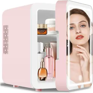 Skincare Fridge with Dimmable LED Light Mirror, 4L/6Can Cooler Warmer Mini Fridge for  care  Makeup Beauty, Portable Mini Skincare Fridge for Bedroom Dorm Office Rv and , Pink