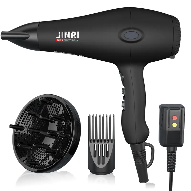 JINRI Ionic Hairdryer with AC Motor, Diffuser & Comb Nozzle (Straight), Negative Ions, 2 Speeds, 3 Heat Settings, Heat Protection, Low Noise, Long-Lasting (Brown/Black Gold, Smoothing for Bouncy Curls, Back to School)