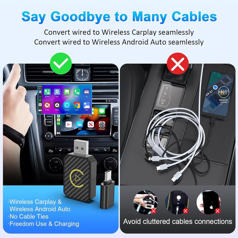 2 in 1 Wireless Apple CarPlay Adapter, for both Apple and Android,converts wired to wireless, suitable for factory wired CarPlay cars from 2016+ Vehicle Auto Automotive Steering Wheel