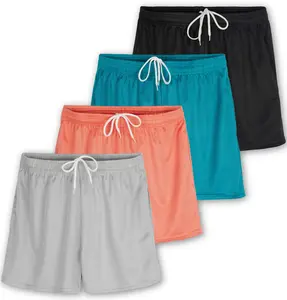4 Pack: Womens Active Athletic Performance Mesh Shorts with Pockets (Available In Plus Size)