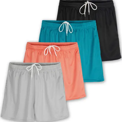 4 Pack: Womens Active Athletic Performance Mesh Shorts with Pockets (Available In Plus Size)
