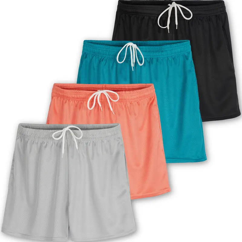 4 Pack: Womens Active Athletic Performance Mesh Shorts with Pockets (Available In Plus Size)