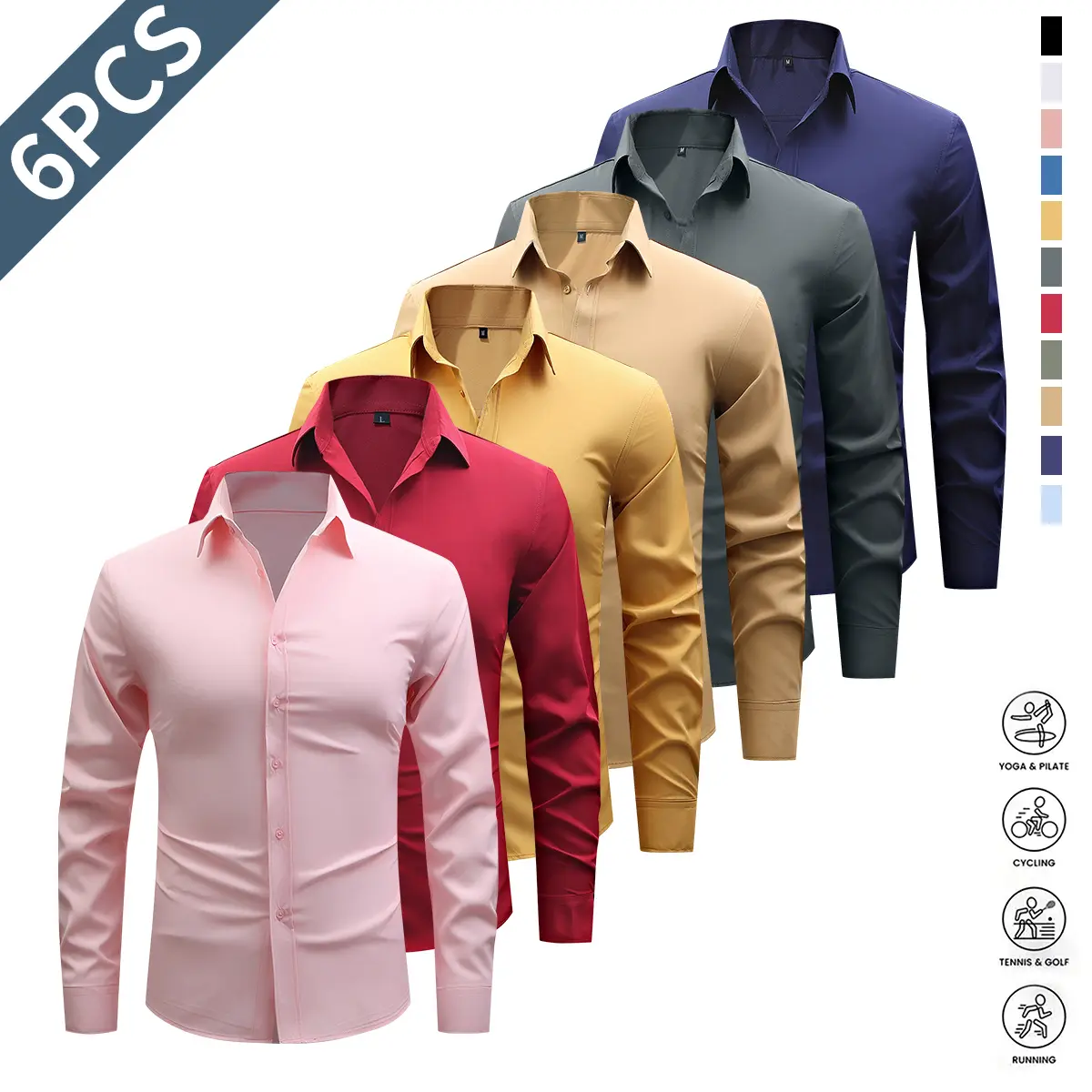 Pack of 6 Men's Solid Dress Shirts with Long Sleeves and Fine Gemtone Buttons, Available in Multiple Colors, Perfect for Work and Casual Wear Pack of 6 Men's Solid Dress Shirts with Long Sleeves and Fine Gemtone Buttons, Available in Multiple Colors, Perfect for Work and Casual Wear
