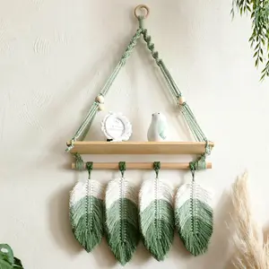 Bohemian Macrame Wall Hanging Shelf, Wall Organizer Shelf, 1 Count Leaf Tassels Wall Mounted Storage Rack, Wall Art Display Rack for Home Living Room Bedroom Decor, Wall Mounted Holder