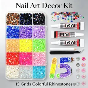 15 Color Nail Art Rhinestone Set, Round Flat Back Water Drills, Ab Colorful Nail Accessories, 3500+ Pcs Multi-Color Nail Rhinestones, Flatback Round Glass Crystals, 15 Shades Mixed Size Nail Art Gems with Storage Box &DIY Tool Kit for Manicure Decorations