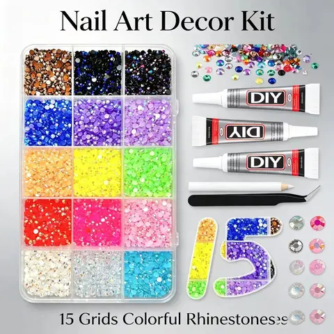 15 Color Nail Art Rhinestone Set, Round Flat Back Water Drills, Bling Rhinestone, Ab Colorful Nail Accessories, 3500+ Pcs Nail Rhinestones, 15 Shades Mixed Size Nail Art Gems with Storage Box &DIY Tool Kit for Manicure Decorations
