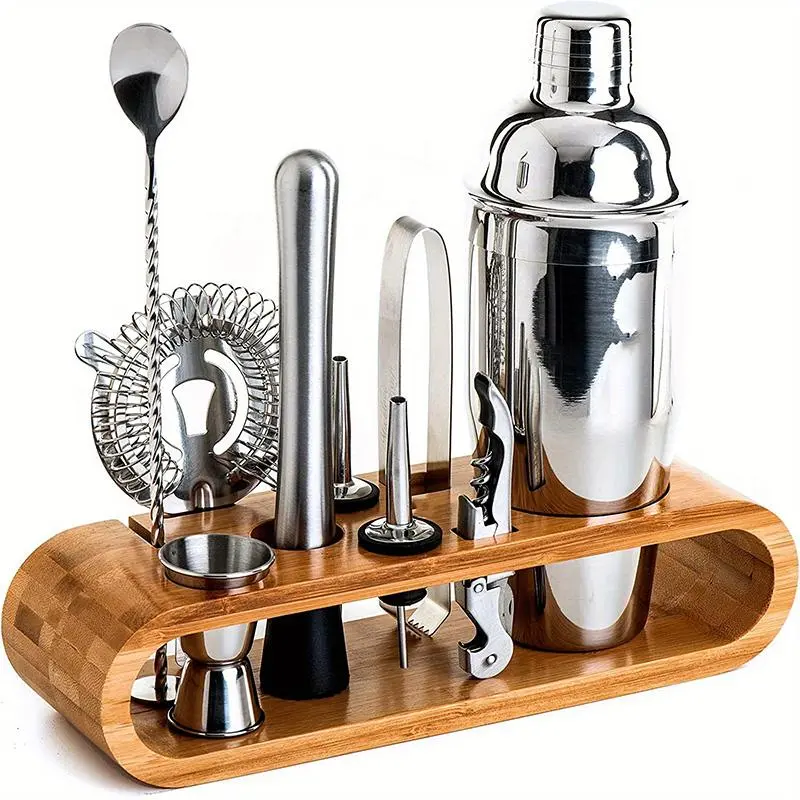 Stainless Steel Bar Set with Wooden Rack, 10pcs/set Bar Tool Set, Professional Bar Tool for Drink Mixing, Bar Utensils for Restaurant, Cafe, Bar, Shaker