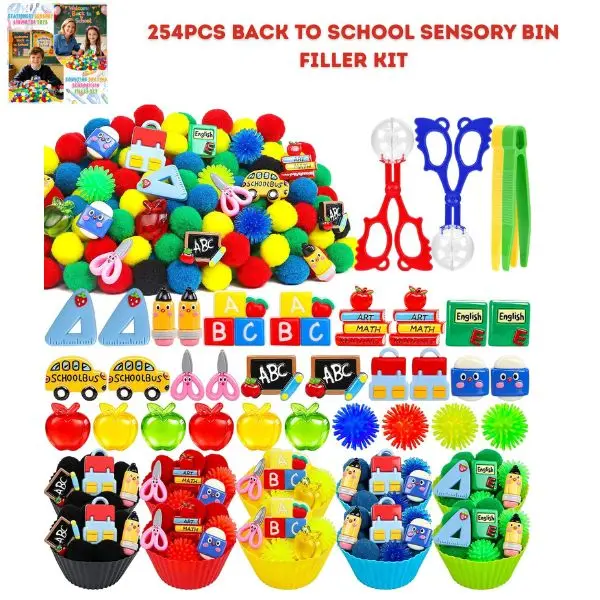 254PCS Back to School Sensory Bin Filler Kit, Fine Motor Skills Toys, Preschool Learning Activities, Counting & Sorting Manipulatives, Classroom Supplies, Homeschool Educational Toys for Kids