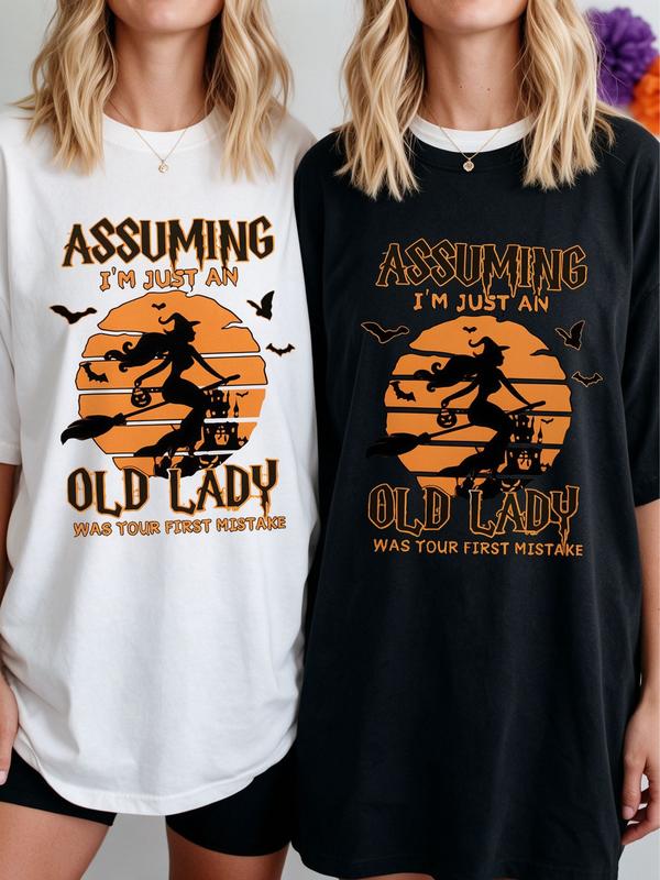 Plus Size Women's Funny Witch Halloween Shirt Oversized Graphic Tee Crewneck Short Sleeve Sarcastic Witch Broom Pumpkin T Shirt