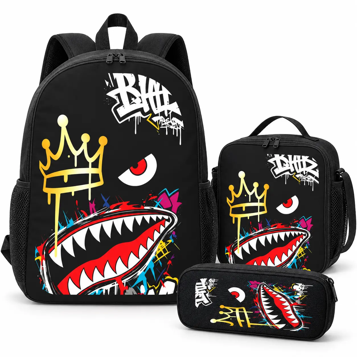 Unisex Black Mouth Crown 3-Piece Polyester School Backpack Set for Elementary Students - 17in Casual Lightweight Backpacks for School, Zip Lunch Bag, Zip Pencil Case, Multi-Functional Street Bag, Halloween Gift