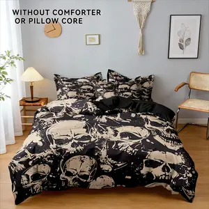 3pcs Gothic Skull Bedding Set, Includes Pillowcase + Fitted Sheet + Flat Sheet, No Core, Home Essentials, Suitable for All Seasons