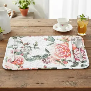 Romantic Roses Floral Dining Table Placemats - Set of 4-Pieces Quilted Cotton Garden Cottage Pink Red Blossoms Garden - Lovely Decorative Kitchen Tea Time Mats - 13" x 19"