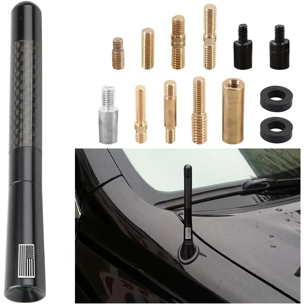 4.7in Black Alloy+Carbon Short Rod Car Antenna - for Cars, Truck Antenna with AM/FM Radio Reception, Patriotic Patriot Flag Exterior Accessory, Simple Install Auto Replacement with 9 Adapters, 2 Screws, 2 Rubber Rings
