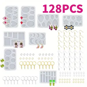 128 Pcs Resin Jewelry Molds, Multiple UV Resin Earring Mold with Holes, Basic Epoxy Keychain Kits Bundle Complete Set, Necklace Pendant Moldes para Resina Epoxica for Female