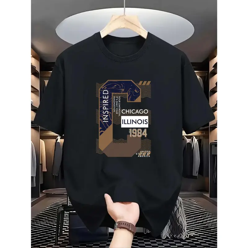Men's Chicago 1984 All Over Printed Short Sleeve Cotton T-Shirt - Casual Round Neck, Soft Breathable Shrink-Resistant Fabric, All-Seasons Daily Wear, M-XL Sizes Menswear Top
