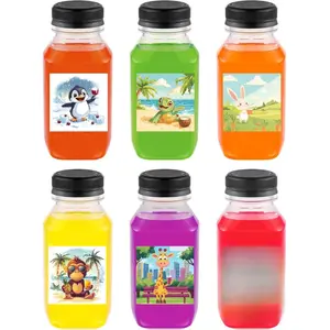 6PCS Juice Bottles with Caps, Reusable Plastic Small Empty Juicer Bottles for Juicing and Drinks (10oz, Stylish Labels) Coconut Giraffe