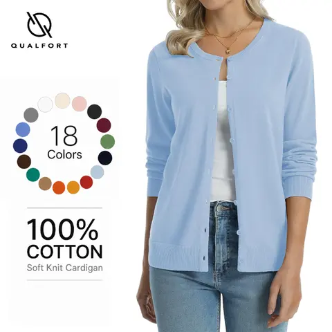 QUALFORT Women's Basic Pure Cotton Knitting Cardigan - Long Sleeve, Easy Crew Neck, Button-Front, Regular Fit, Medium Stretch Solid Top, Business Casual Tops for Office & Everyday Womenswear