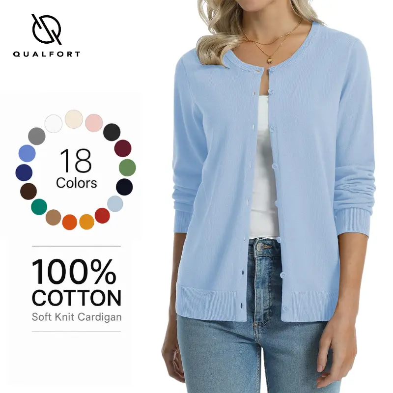 QUALFORT Women's 100% Pure Cotton Crew Neck Medium Length Full Sleeve Button-Down Lightweight Knitwear, Business Casual Tops for Summer Outfits, Solid Plain, Basic