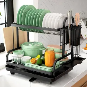 Multi functional bowl and dish drying rack, rust proof kitchen bowl and dish drying rack with drip board to save space, 2-layer bowl and dish drying rack suitable for kitchen counters