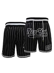Yankees Striped Loose Fit Breathable Fabric Pants, Letter Number Embroidery, Unisex Streetwear Basketball Shorts, Outdoor Workout Shorts