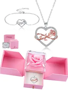 Infinity Heart Rose Pendant Couples Jewelry Set, Heart Necklace & Bracelet, Includes Eternal Flower Rose Box, Ideal Gift for Wife Mom Girlfriend