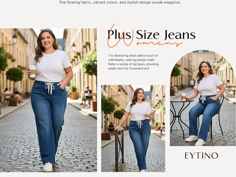 Eytino Women's Plus Size Wide Leg Jeans Elastic Waist Drawstring Stretchy Denim Pants with Pockets(1X-5X)
