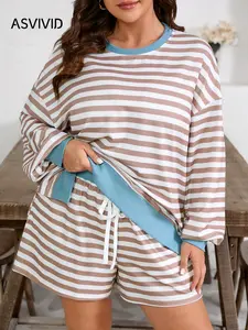 【Plus Size】Striped Two-Piece Set Contrast Edge Drop Shoulder Pullover and Shorts Set, Casual Round Neck Long Sleeve Pullover & Pocket Shorts, Women's Spring & Fall Outfits