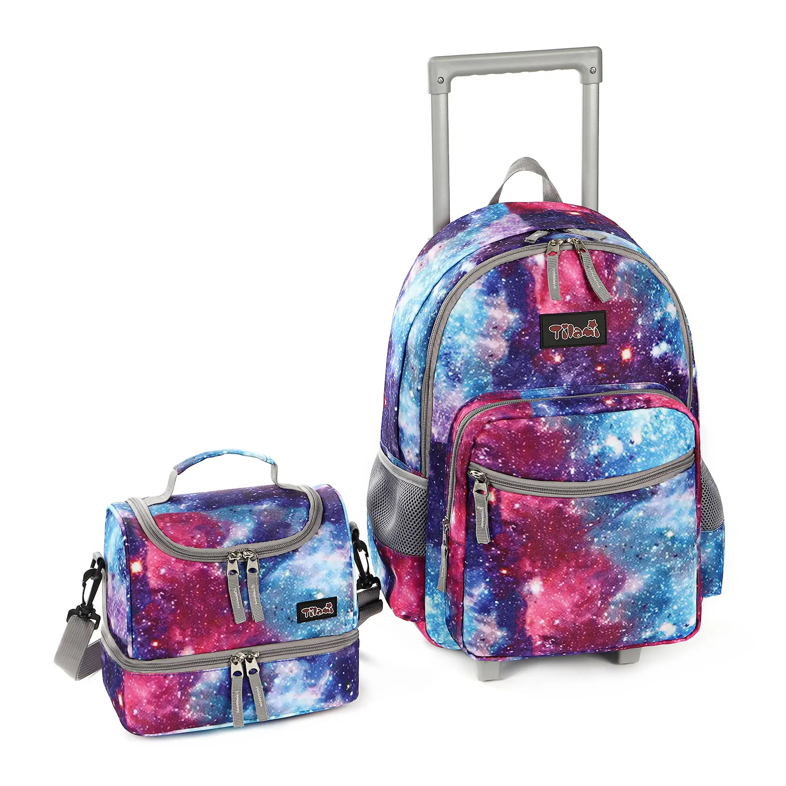 Tilami Rolling Backpack 18 inch Double Handle with Lunch Bag Wheeled Backpack for Girls and Boys, Galaxy