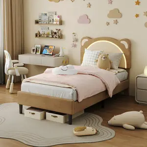 Twin Size Bed Frame for Kids - Upholstered Platform Bed with Adjustable Headboard, Wooden Slats Support, LED Light, No Box Spring Needed, for Kids' Room Nursery