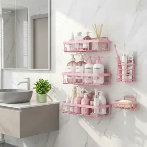 Pink 5-Pack Bathroom Organizer Set - Stainless Steel Rust-Proof Waterproof Stick-On Racks, No Drilling, Large-Capacity Classic Eco-Friendly Minimalist Design with Toothbrush & Soap Holders for Bathroom, Shower Use