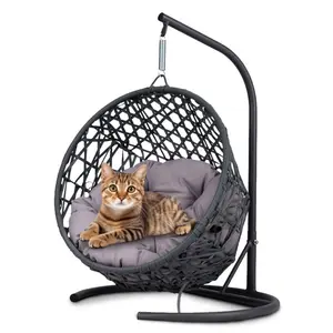 Cat Swing Bed with Stand & Cushion, Cat Egg Chair with Rattan Wicker Appearance, Indoor Hanging Swinging Cat Bed for Cats, Small Dogs, and Small Animals, Gray