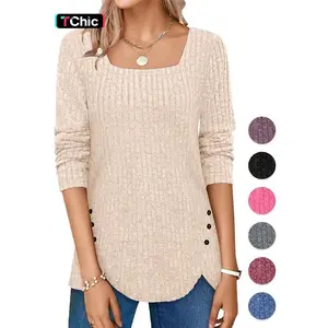 Women’s flat ribbed knit top, spring and autumn casual long-sleeve square-neck sweater, fashionable women’s knitted everyday wear, women’s clothing GARMENTARY