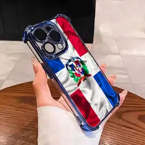 Dominican Pattern Red White Blue Creative Collage Design Suitable for Aesthetic Electroplated TPU Casing For iphone 17 16 15 14 13 12 11 X XS PRO PLUS MAX AIR Samsung S25 S24 S23 Four Corners Anti-Fall Transparent Casual Soft Silicone Phone Cases  L1804