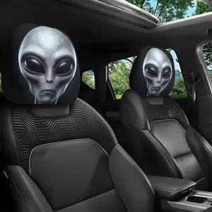 Two-piece mysterious gray-skinned alien-pattern car headrest covers, suitable for all-weather use. Unique printed car seat accessories without filling material. Easy to install. Suitable for daily commuting, long-distance travel and holiday outings.