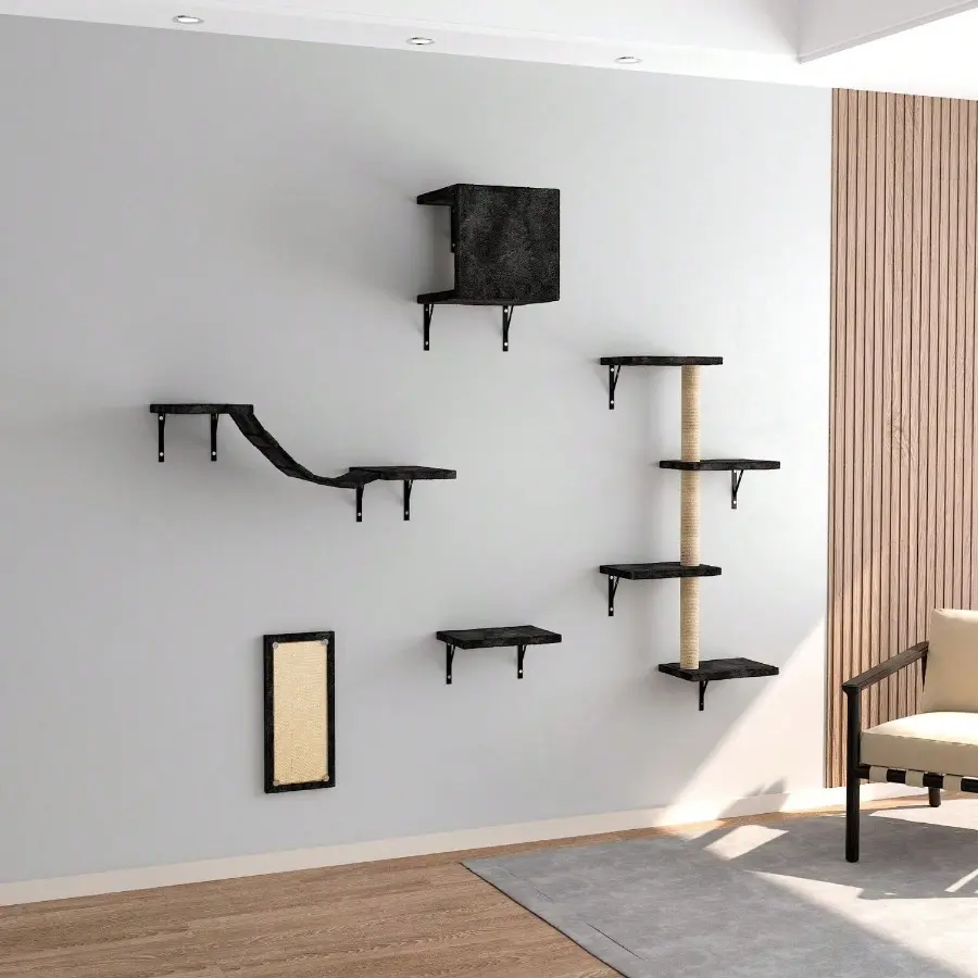 Cat Tree Wall Mounted Furniture DIY Set Climbing Shelves For Kitty Play & Relaxing - Includs Scratching Board, Connect Bridge, House And Scratching Posts
