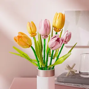 collectibles Tulip Building Block  Bouquet - Adjustable Brick  - No Watering Needed - Yellow & Pink - 88mm x 55mm x 142mm - 100% Pollen-Free & Allergy Friendly gift flower series Decor Decorative figure christmas Toy set blocks display